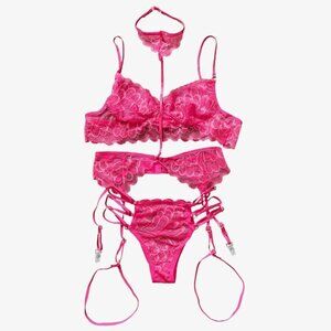 New Sexy Lace Lingerie 3 Piece Bra Panties Garter Belt Choker Set in Pink